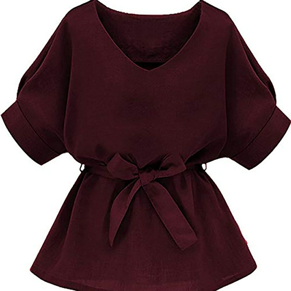 V Neckline Self Tie Short Sleeve Blouse Tu